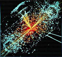 Colliding protons release a Higgs boson, which then decays into a stream of hadrons and electrons