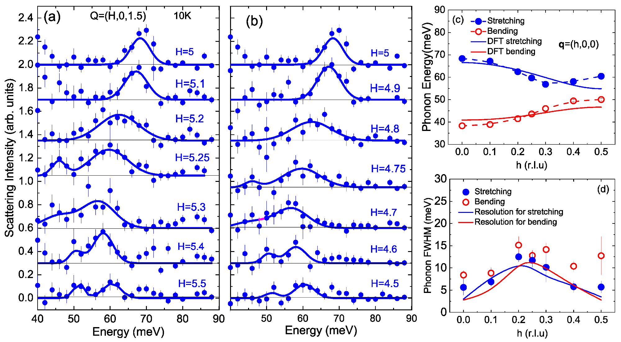 Cu-O bond-stretching and bond-bending longitudinal phonon dispersion along [100]. (a, b) Background-subtracted data at wavevectors with large bond-stretching phonon structure factor and small bond-bending structure factor. Binning: ?H = ±0.07, ?K = ±0.08, and ?L = ±3.5. (c) Dispersions of the bond-stretching (blue) and bond-bending phonon branches (red). For the bond-stretching phonon peaks, the multizone fit was made to the data at each q in the two zones shown in (a, b). The bond-bending (lower) branch peak positions were fixed to the values obtained based on wavevectors adjacent to (4, 0, 0), (4, 1, 0), and (4, -1, 0). (d) Raw-data peak widths (FWHM) extracted from the same fits as in (c). The effective resolution width increases when the dispersion is steeper.