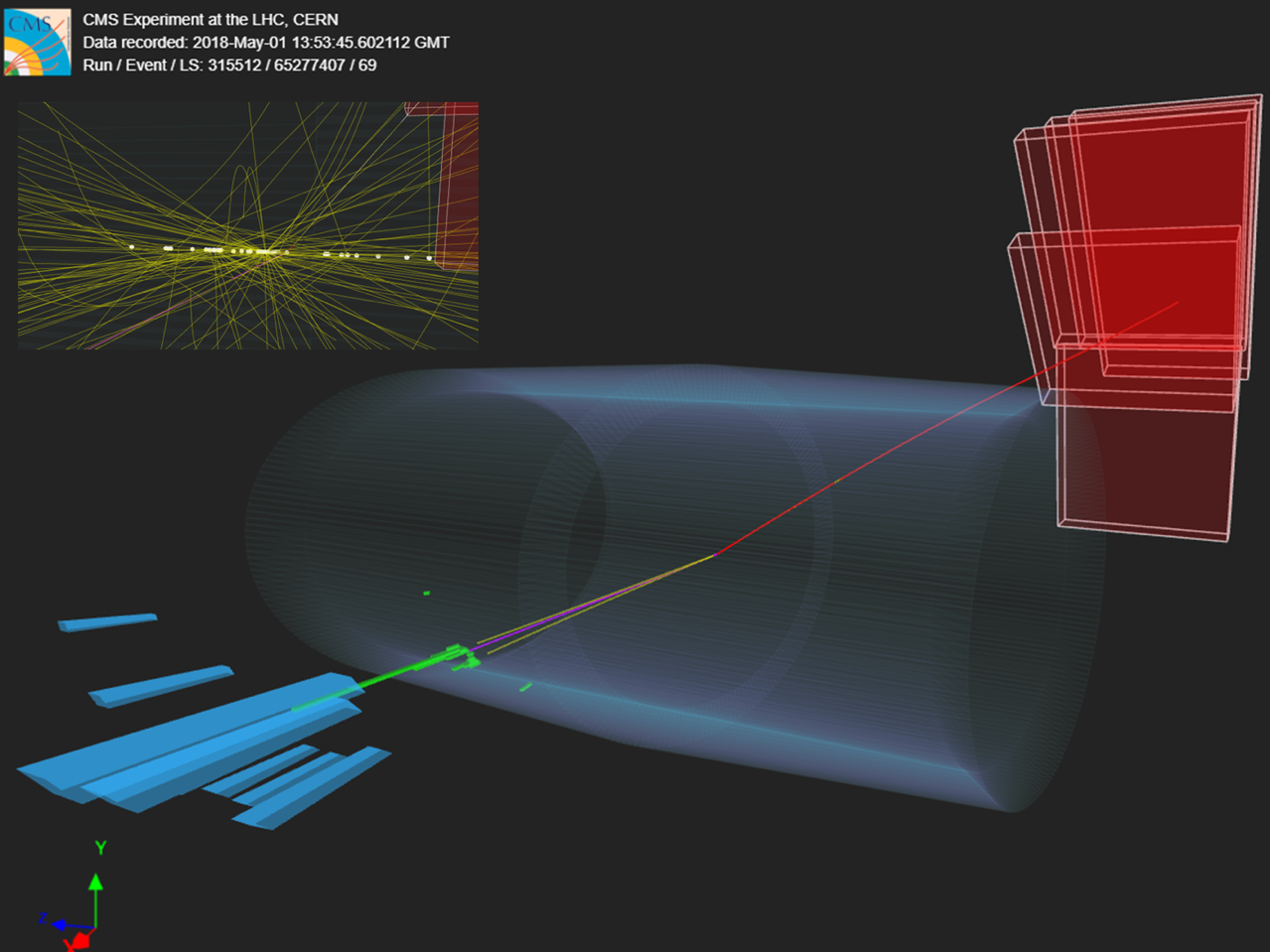 Recreated candidate event of a ?? ?tt process in proton–proton collisions measured by the CMS detector. The tau can decay into a muon (red), charged pions (yellow) and neutrinos (not visible); energy deposits in the electromagnetic calorimeter in green and in the hadronic calorimeter in cyan.