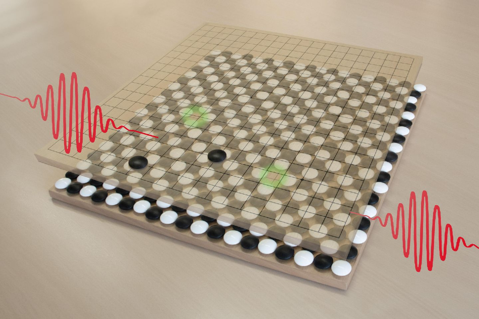 Two electrons and two holes, created by light quanta, held together by a chessboard-like background.